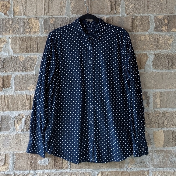 NWOT Lands' End Corduroy LS Button Front Shirt Navy Blue White Polka Dot Large - Picture 5 of 5